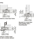 Technical diagram of Low Profile Hidden Hinge 240 3D Invisible Hinge for cabinets and doors, showing wood and metal mounting options.