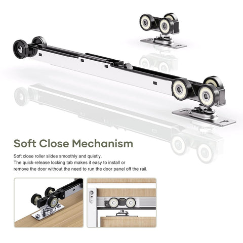 Close-up view of 36x80 Inch Pocket Door Frame Hardware Kit With Two Way Soft Close For 2x4 Stud Walls showing soft close mechanism.