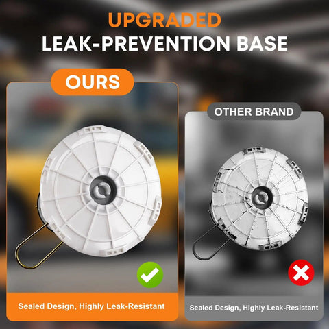 Comparison of leak-prevention base design for Gearhead Ready Dual Mode 6.5L Oil Extractor Pump showcasing improved seal.