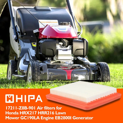 Honda GCV Engine Air Filter Kit With Fuel Filter And Spark Plug For GCV160 GCV170 GCV190 GC190LA next to lawn mower in garden