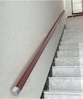 Heavy Duty 20 Foot Red PVC Railing Spindle With Non Slip Surface And Wall Mount Brackets Weatherproof Deck Balusters For Exterior Stairs And Patios mounted on a wall beside stairs.
