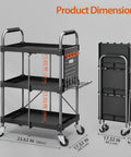 Foldable 3 Tier Rolling Tool Cart On Wheels With 330 Lb Capacity, Heavy Duty Tool Chest Organizer, Shelf And Cabinet For Garage, Shop, Warehouse, Portable Black, shown folded and open with dimensions