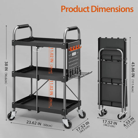 Foldable 3 Tier Rolling Tool Cart On Wheels With 330 Lb Capacity, Heavy Duty Tool Chest Organizer, Shelf And Cabinet For Garage, Shop, Warehouse, Portable Black, shown folded and open with dimensions