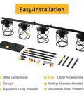 Five Light UL Certified Farmhouse Linear Pendant Light assembly parts with metal lampshades and adjustable poles