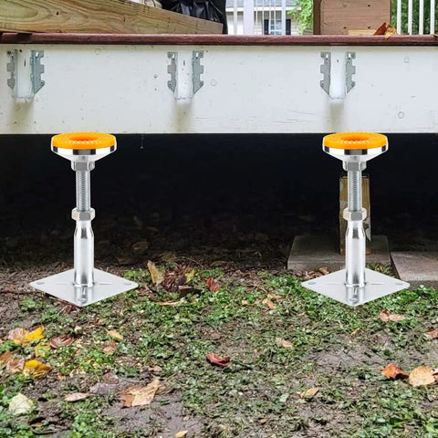 Built Tough As Nails 2 Pack Adjustable Support Jacks With Anti Slip Shock Absorbing Pads positioned under a platform for stability.