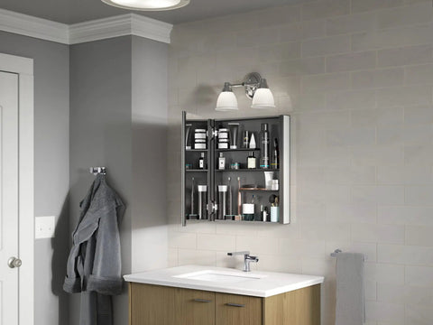 Forte Double Wall Sconce Vanity Light With Frosted Glass Shades Mount Up Or Down Polished Chrome Finish in modern bathroom