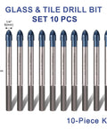Glass and tile drill bit set, blue-tipped tungsten carbide bits, 6mm (1/4 in), 10-piece kit, front view.