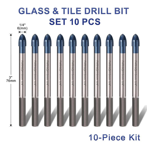 Glass and tile drill bit set, blue-tipped tungsten carbide bits, 6mm (1/4 in), 10-piece kit, front view.