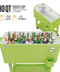 80 Quart Rolling Ice Chest Cooler Cart For Patio Parties And Party Ready Backyard Bar Setup With Folding Shelf And Bottle Opener Light Green Portable Beverage Cooler On Wheels filled with bottles and cans