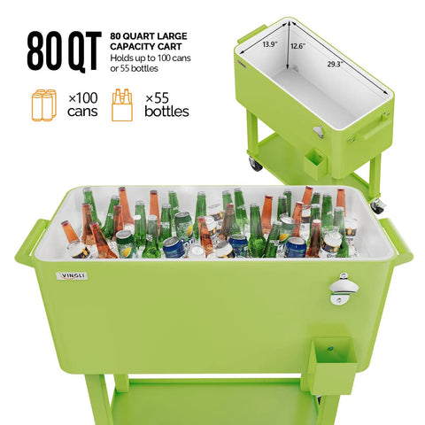 80 Quart Rolling Ice Chest Cooler Cart For Patio Parties And Party Ready Backyard Bar Setup With Folding Shelf And Bottle Opener Light Green Portable Beverage Cooler On Wheels filled with bottles and cans