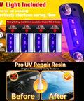 DIY Windshield Chip Repair Kit With Suction Cup And UV Curing Light showing curing time settings and resin application before and after.