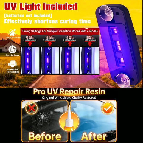 DIY Windshield Chip Repair Kit With Suction Cup And UV Curing Light showing curing time settings and resin application before and after.