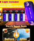 All In One Windshield Chip Repair Kit With Suction Cup And UV Curing Light For Chips And Cracks, UV light and repair results display