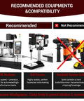 Compatibility guide for CNC machines, drill presses, and handheld hammer drills. CNC machines and drill presses are recommended.