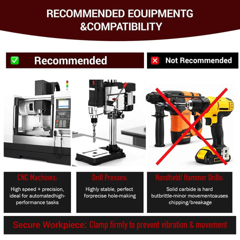 Compatibility guide for CNC machines, drill presses, and handheld hammer drills. CNC machines and drill presses are recommended.