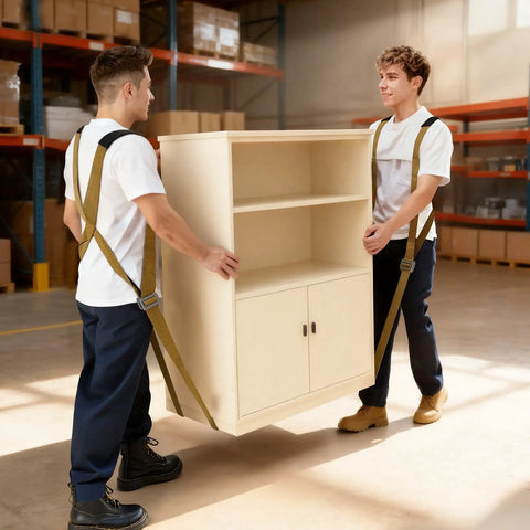 Two people using Heavy Duty Two Person Moving Straps With Adjustable Shoulder Harness hauling a furniture piece.