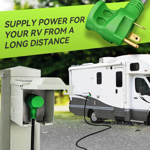 30 Amp 30 Feet RV Lockable Power Extension Cord With TT 30P Plug For Generator Use, Built Tough Outdoor RV Cable, Weatherproof Camping Trailer Extension, Long Reach For Safe Distance And Noise Reduction, RV connected to generator
