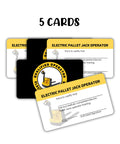 5 Pack Electric Pallet Jack Operator Credential Cards 2 By 3.5 Inch Wallet Sized Durable Plastic Training Certificates displayed.
