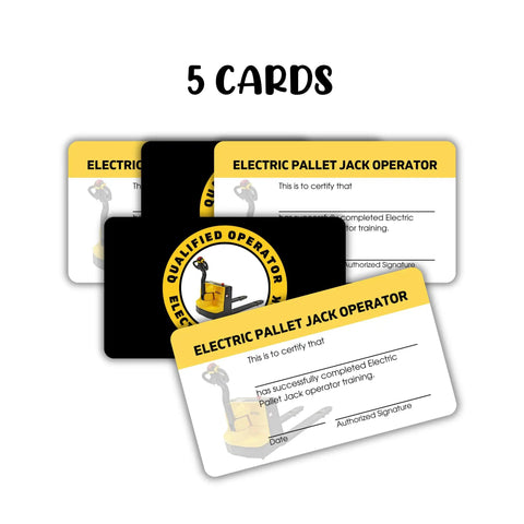 5 Pack Electric Pallet Jack Operator Credential Cards 2 By 3.5 Inch Wallet Sized Durable Plastic Training Certificates displayed.