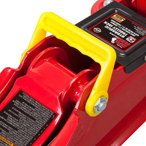 Close-up of Heavy Duty Hydraulic Low Profile Floor Jack With Quick Lift Pump, 2.5 Ton Capacity, Trolley Style For Sedans, Durable Steel Construction.