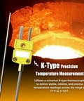 Front view of yellow K-type thermocouple probe with braided cable and metal sensing tip.