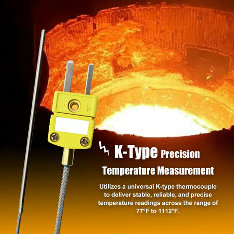 Front view of yellow K-type thermocouple probe with braided cable and metal sensing tip.