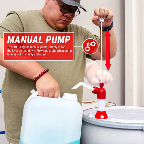 Kickass Chemical Resistant Drum Pump For 15 To 55 Gallon Barrels With Long Lift Suction Tube Zero Hustle Manual Transfer in use, shown with lever.