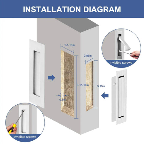 Installation diagram of Dope Pocket Door Hardware Set With Edge Pulls And Flush Recessed Pulls in Brushed Nickel.