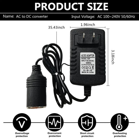 Tailgate Ready AC To DC Converter With Standard Cigarette Lighter Socket Portable 12 Volt Power Adapter for tire pumps and mini coolers.