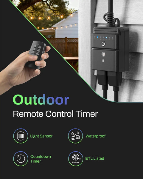 Outdoor Timer With 100 Ft Remote And Light Sensor Dusk To Dawn Auto On Off Countdown Timer For Garden Lights Pool Pump Christmas Decorations, remote next to timer.