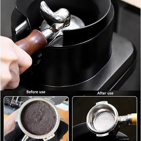 Image showing Electric Automatic Coffee Portafilter Cleaner Kicks Out Wet Grounds Fast No Sweat Cleanup With Heavy Duty Arc Brush Set after use.