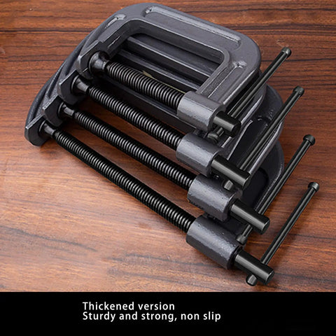 Top Grade 4 Pcs Industrial Strength C Clamps Set With Heavy Duty Steel Construction For Woodworking Carpentry And Welding Projects Including Versatile 3 4 6 And 8 Inch Sizes Perfect For DIY Enthusiasts Building Custom Furniture Or Fixing Home Repairs, showcasing thickened steel construction and non-slip gripping.