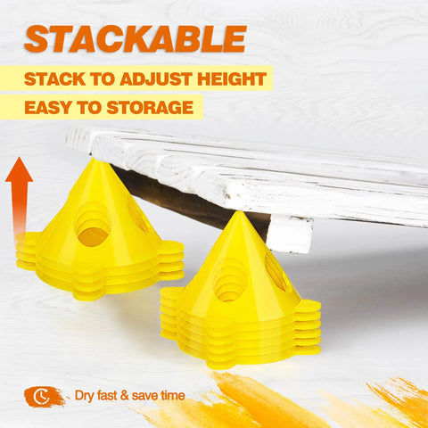 56 Pack Pyramid Painter Stands For Canvas And Doors Elevate Your Paint Projects With Mini Cone Stands, shown supporting wood panel