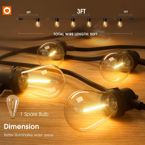 50Ft Outdoor String Lights With 27 Edison Dimmable LED Bulbs Weatherproof Shatterproof on wooden surface showcasing bulb design