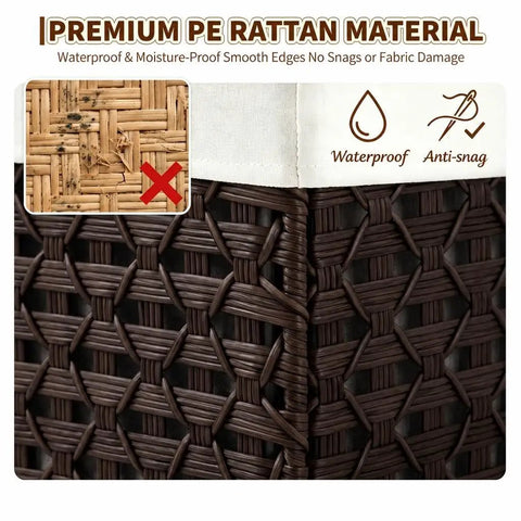 Massive Wicker Storage Basket With Lid, 104 Liter Rattan Blanket Box shows premium waterproof PE rattan material and smooth edges.