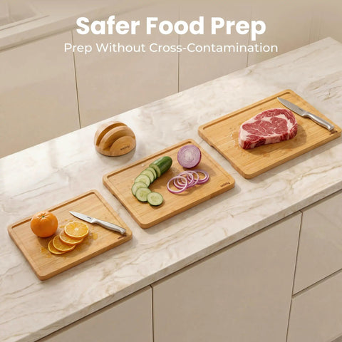 Heavy Duty 3 Piece Bamboo Cutting Board Set With Wooden Stand For Everyday Kitchen Tasks with sliced vegetables and meat.