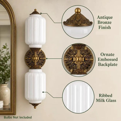 govahb 2-Light Hardwired Wall Sconces, Vintage Wall Sconce Milk Glass with antique bronze finish and ribbed milk glass shades.