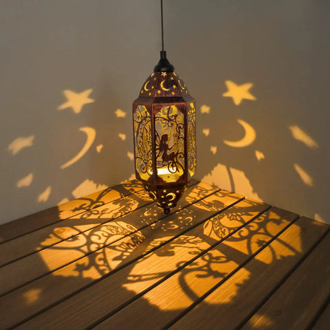 12.4 Inch Solar Outdoor Lanterns Waterproof Garden Lights With Moon And Star Cutouts, red copper lantern glowing on table