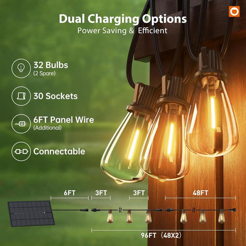 Close-up of Lit Solar String Lights Outdoor Waterproof Shatterproof With Remote Dimmable And Timing 96 Ft Hanging Lights