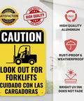 Beefed Up Aluminum Caution Forklift Sign 14x10 Inches With High Visibility Colorful Warning For Warehouse Traffic Bilingual Spanish 60 Mil Thick Durable Indoor Outdoor Safety Sign, yellow forklift caution sign
