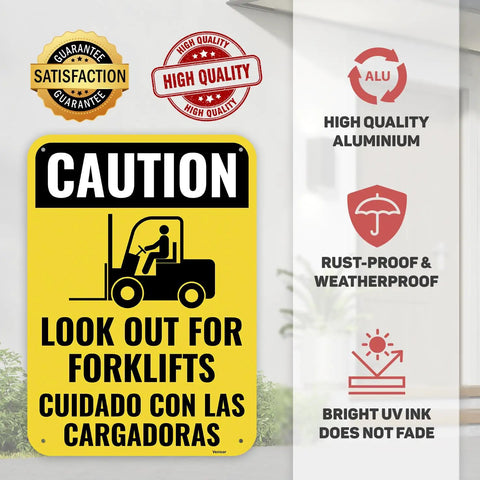Beefed Up Aluminum Caution Forklift Sign 14x10 Inches With High Visibility Colorful Warning For Warehouse Traffic Bilingual Spanish 60 Mil Thick Durable Indoor Outdoor Safety Sign, yellow forklift caution sign
