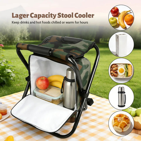 Foldable Camping Chair Backpack With Built In Cooler Insulated Picnic Bag open outdoors with contents like fruits and flask