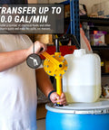 Heavy Duty No Sweat Manual Drum Pump Featuring Chemical Resistant Rotary Crank Mechanism And Extended Forty Nine Inch Suction Tube For Effortless Barrel Draining No Electricity Needed Fits Standard Containers, in use with yellow hand crank.
