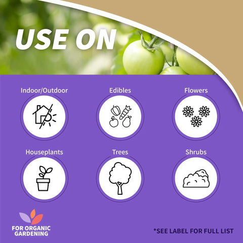 Use on graphic showing applications for Top Shelf Ready To Use Neem Oil Garden Spray: indoor/outdoor, edibles, flowers, and more.