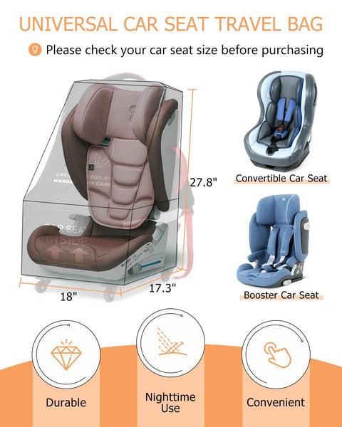 MCBD car seat travel bag with wheels, padded black with reflective strips for air travel; fits booster and car seats.