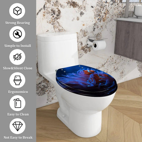 Tropical Beach Thatched Roof Umbrella Pattern Elongated Resin Toilet Seat With Butter Smooth Soft Close Lid Quick Release Hinges Bottom Mount For American Standard Toilets Easy Peasy Wipe Down on modern toilet.
