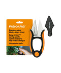Herb Garden Snips With Sheath And Soft Grip Handle For Easy Kitchen Harvests Five Inch Stainless Steel Garden Scissors displayed with packaging
