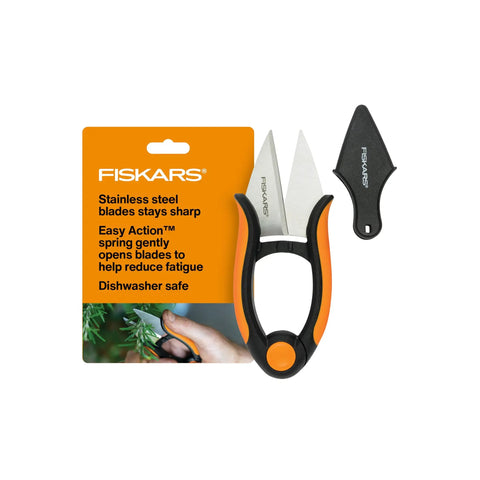 Herb Garden Snips With Sheath And Soft Grip Handle For Easy Kitchen Harvests Five Inch Stainless Steel Garden Scissors displayed with packaging
