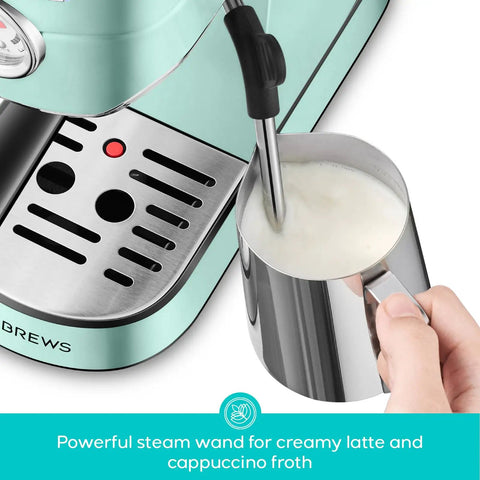 Compact Stainless Steel Espresso Machine With Powerful Steam Wand For Killer Lattes And Smooth Shots At Home featuring milk frothing pitcher.