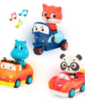 Three Pack Lil Driver Toys With Lights And Sounds Featuring Cute Animal Characters Dash the Fox on motorcycle, Sunny the Hippo in pickup, Bingo the Panda in race car for toddlers 1 year and up.